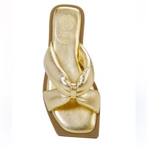 Vince Camuto Amira Metallic Gold Flat Sandal, Knot Detail,Padded Straps, Size 6